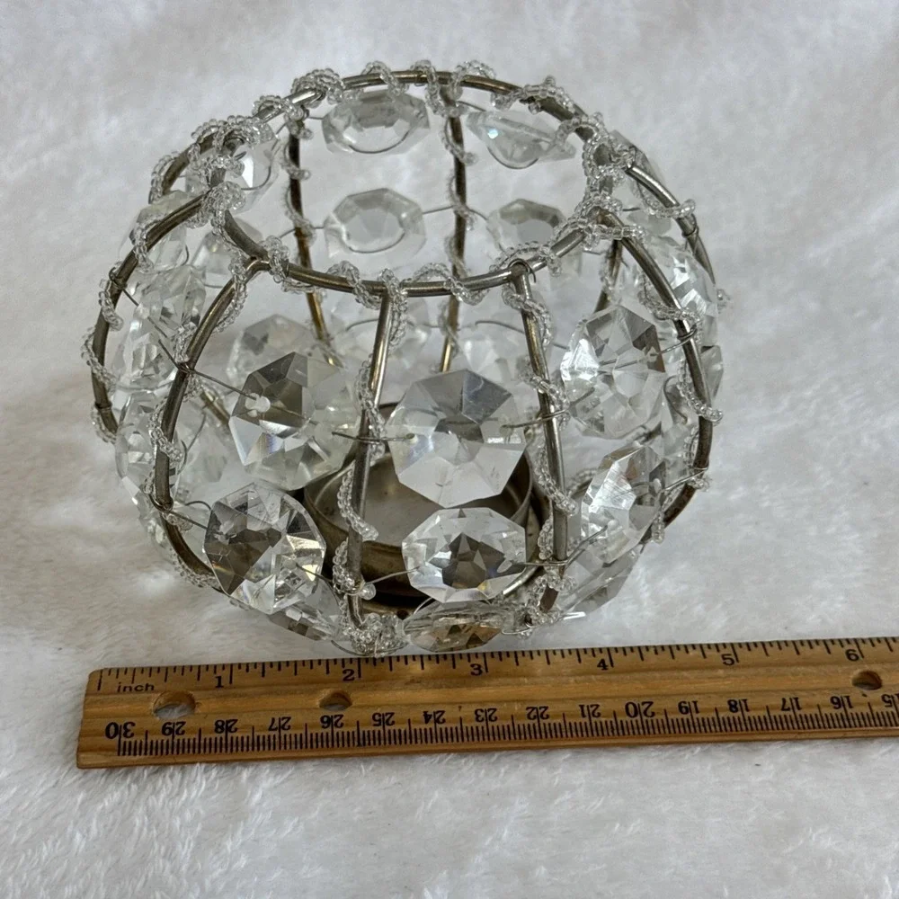 Vintage‎ Beaded Crystal Prism Votive Candle Holder Silver Tone